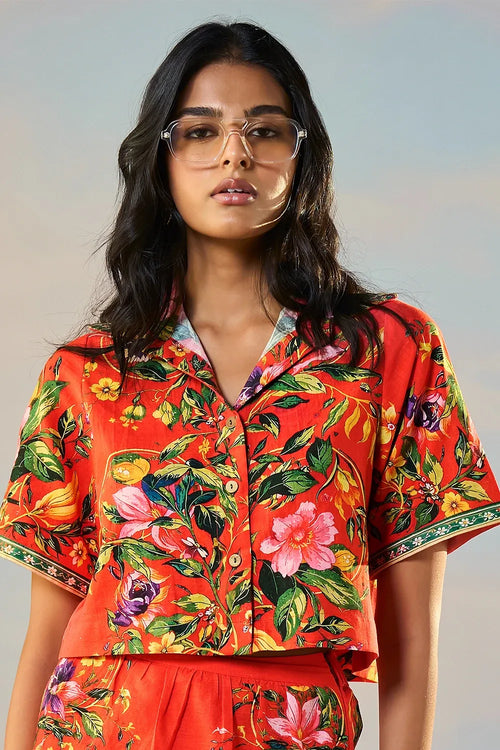 Linen Placed Floral Print Shirt