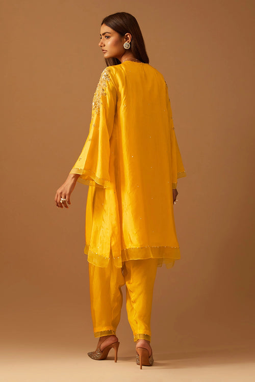 Saffron Floral Embroidered Silk Salwar Set