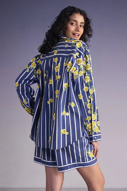 Floral Embroidered Stripe Shirt And Shorts Set