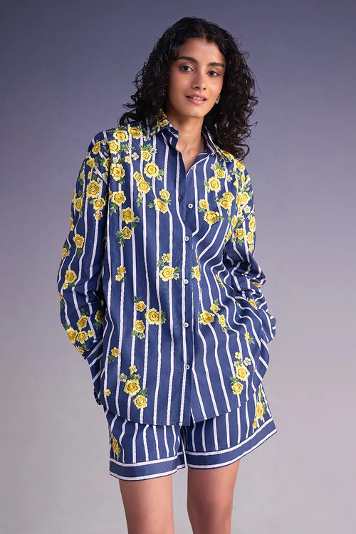 Floral Embroidered Stripe Shirt And Shorts Set