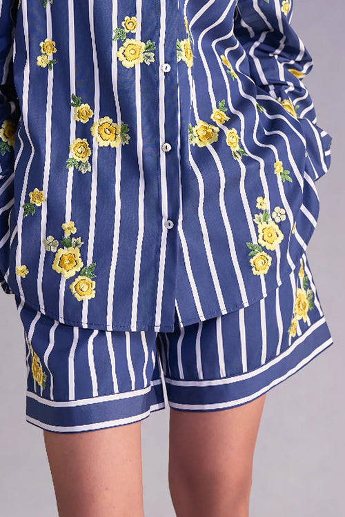Floral Embroidered Stripe Shirt And Shorts Set
