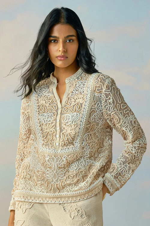 Ribbon And Cord Embroidered Top And Cutwork Embroidered Linen Pant