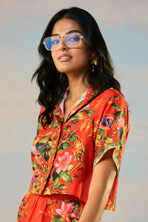 Linen Placed Floral Print Shirt