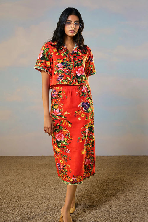 Linen Placed Floral Print Skirt