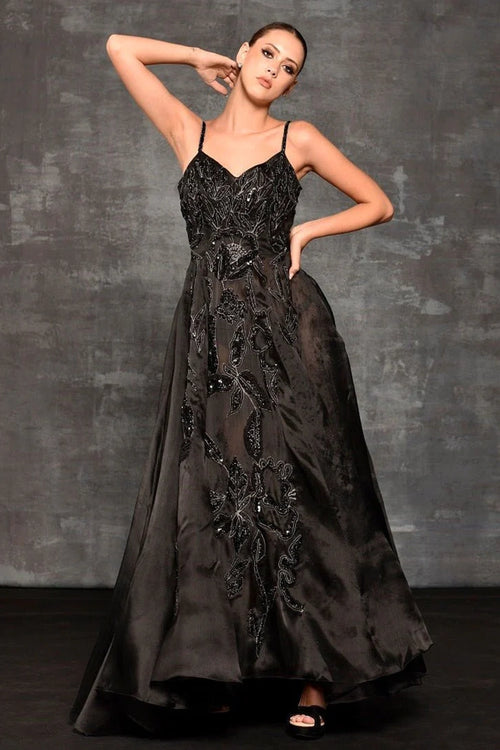 Black Strappy Organza Silk Gown
