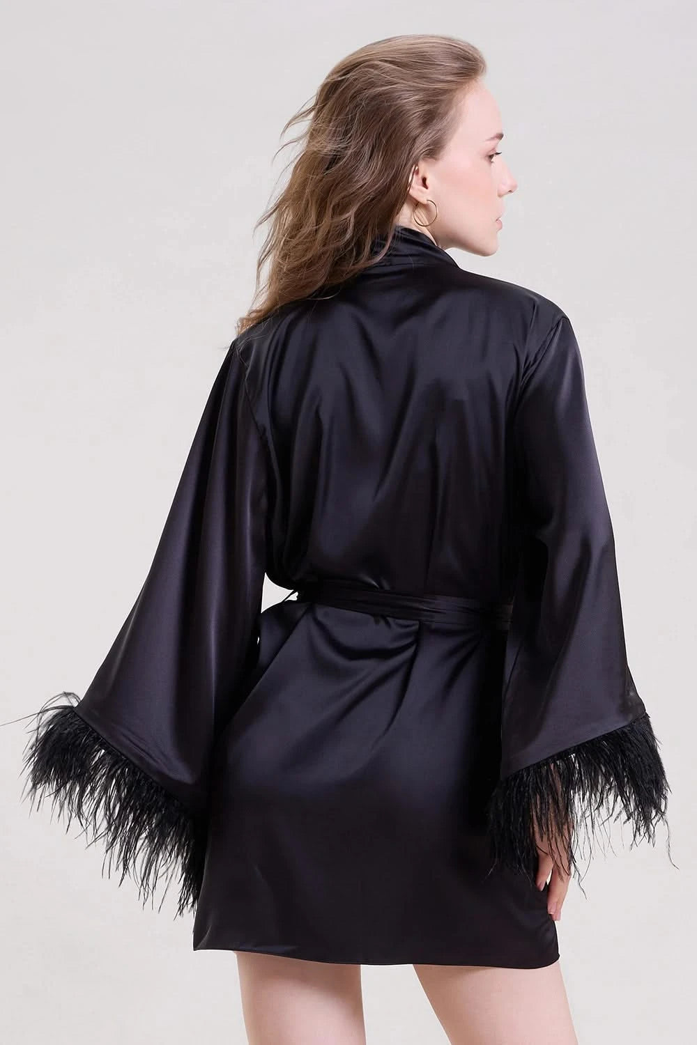 Midnight Black Robe with Feather Sleeves