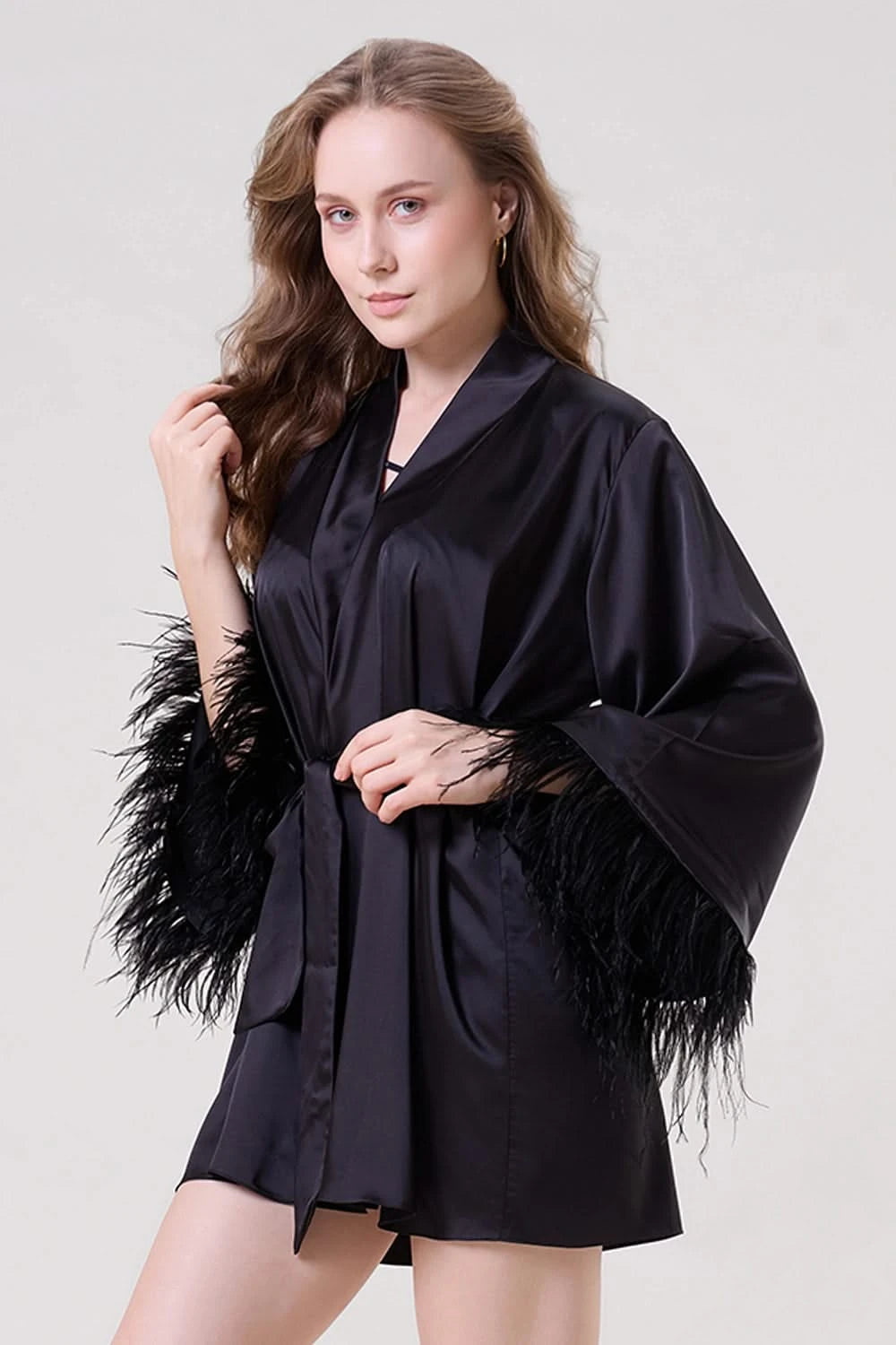 Midnight Black Robe with Feather Sleeves