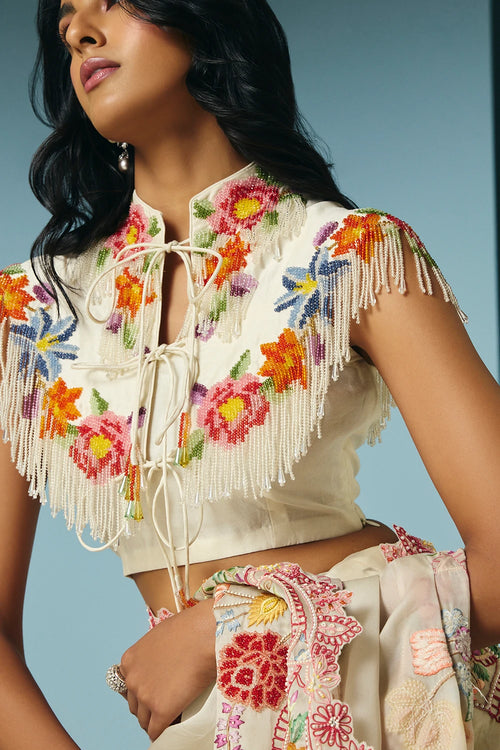 Ivory Floral Beaded Fringe Cape