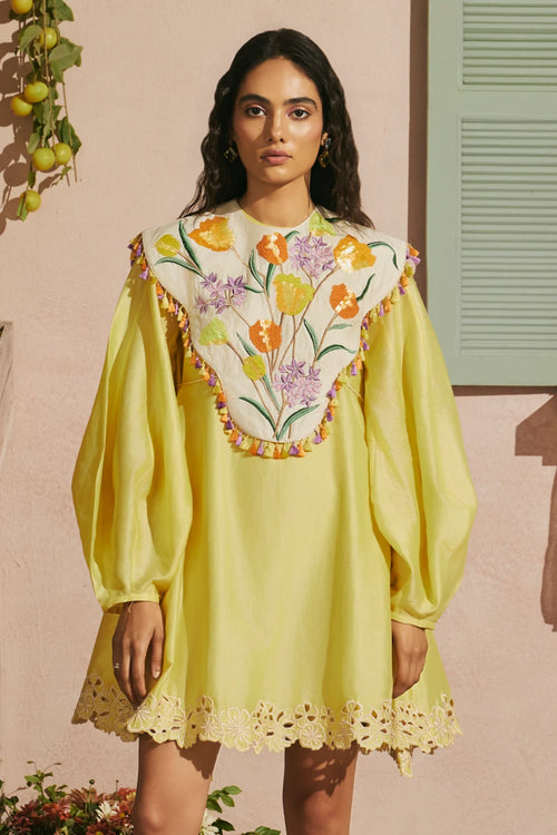 Butter Yellow Short Dress With Tulip Cape