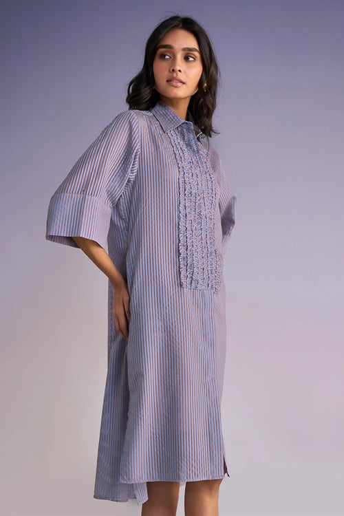 Ruffled Bib Organza Stripe Shirt Dress