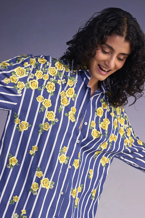Floral Embroidered Stripe Shirt And Shorts Set