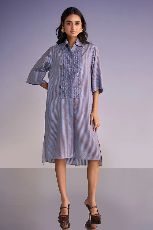Ruffled Bib Organza Stripe Shirt Dress