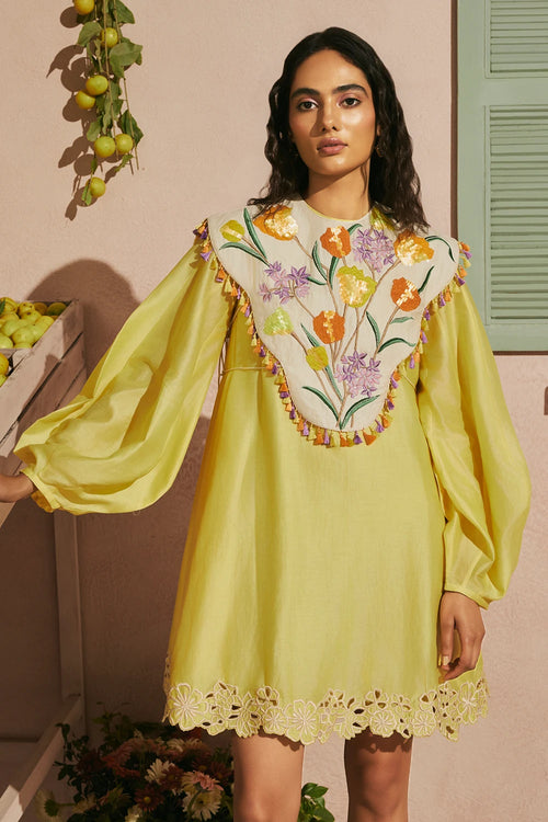 Butter Yellow Short Dress With Tulip Cape