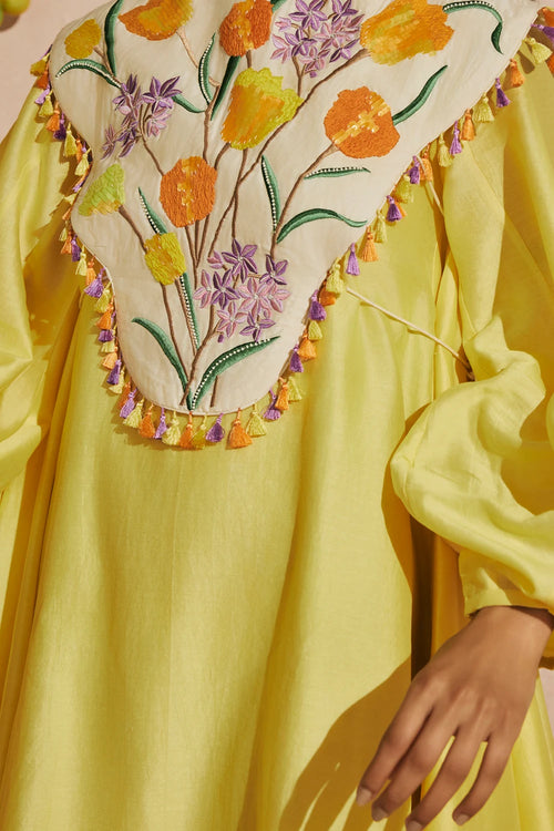 Butter Yellow Short Dress With Tulip Cape