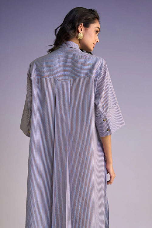 Ruffled Bib Organza Stripe Shirt Dress