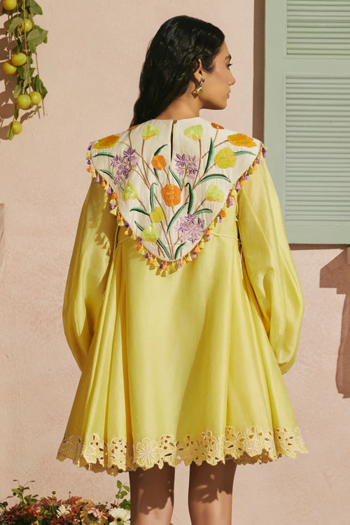 Butter Yellow Short Dress With Tulip Cape