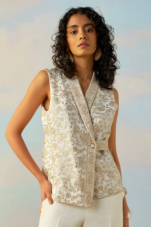 Linen Embroidered Waistcoat And Straight Cut Pant Set