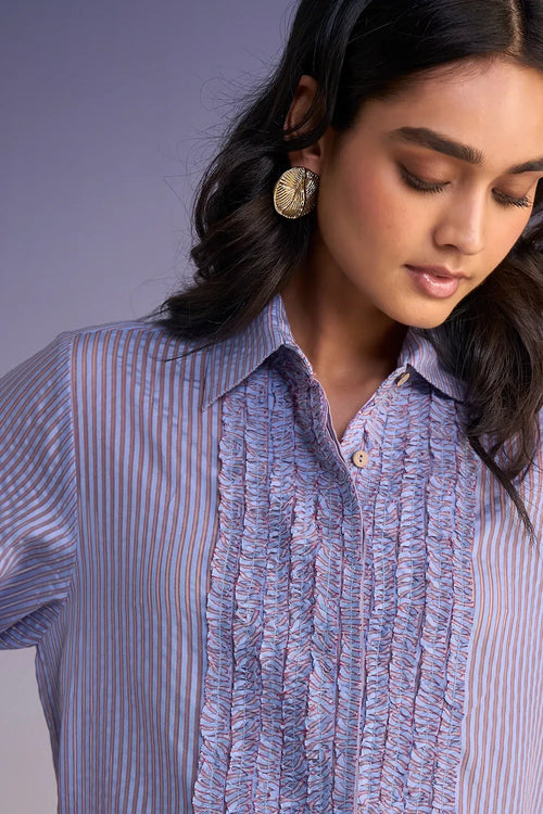 Ruffled Bib Organza Stripe Shirt Dress