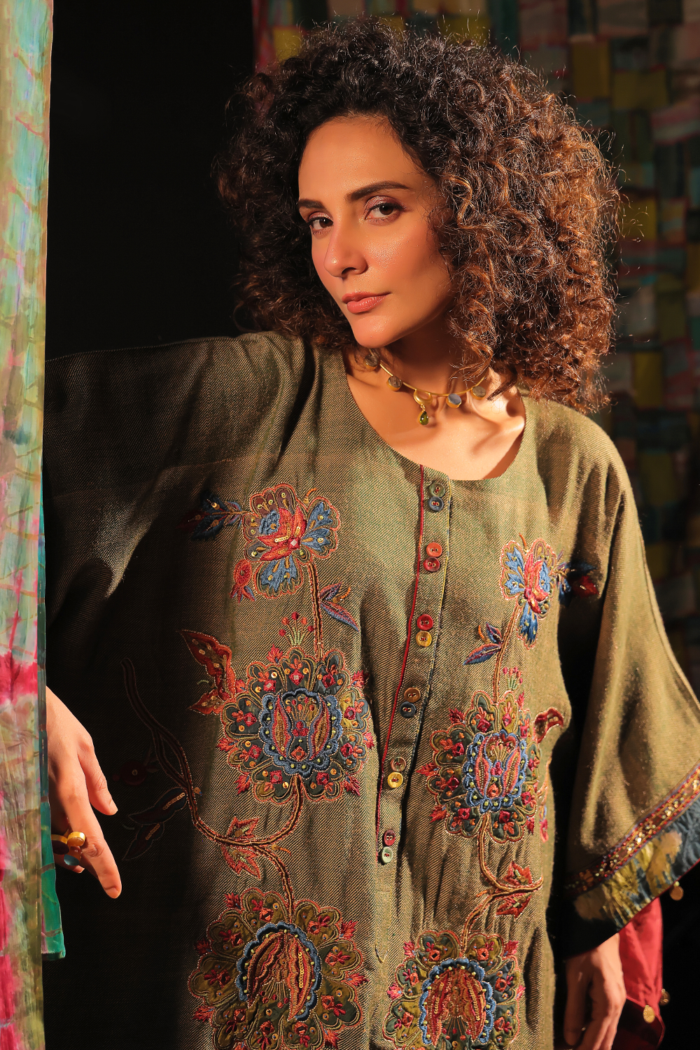 Feezah Embroidered Wool Kaftan Set