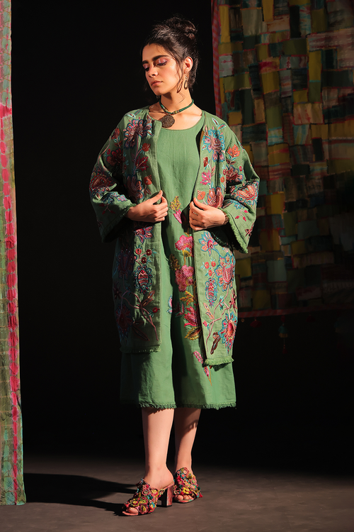 A-Line Sage Dress with Linen Coat