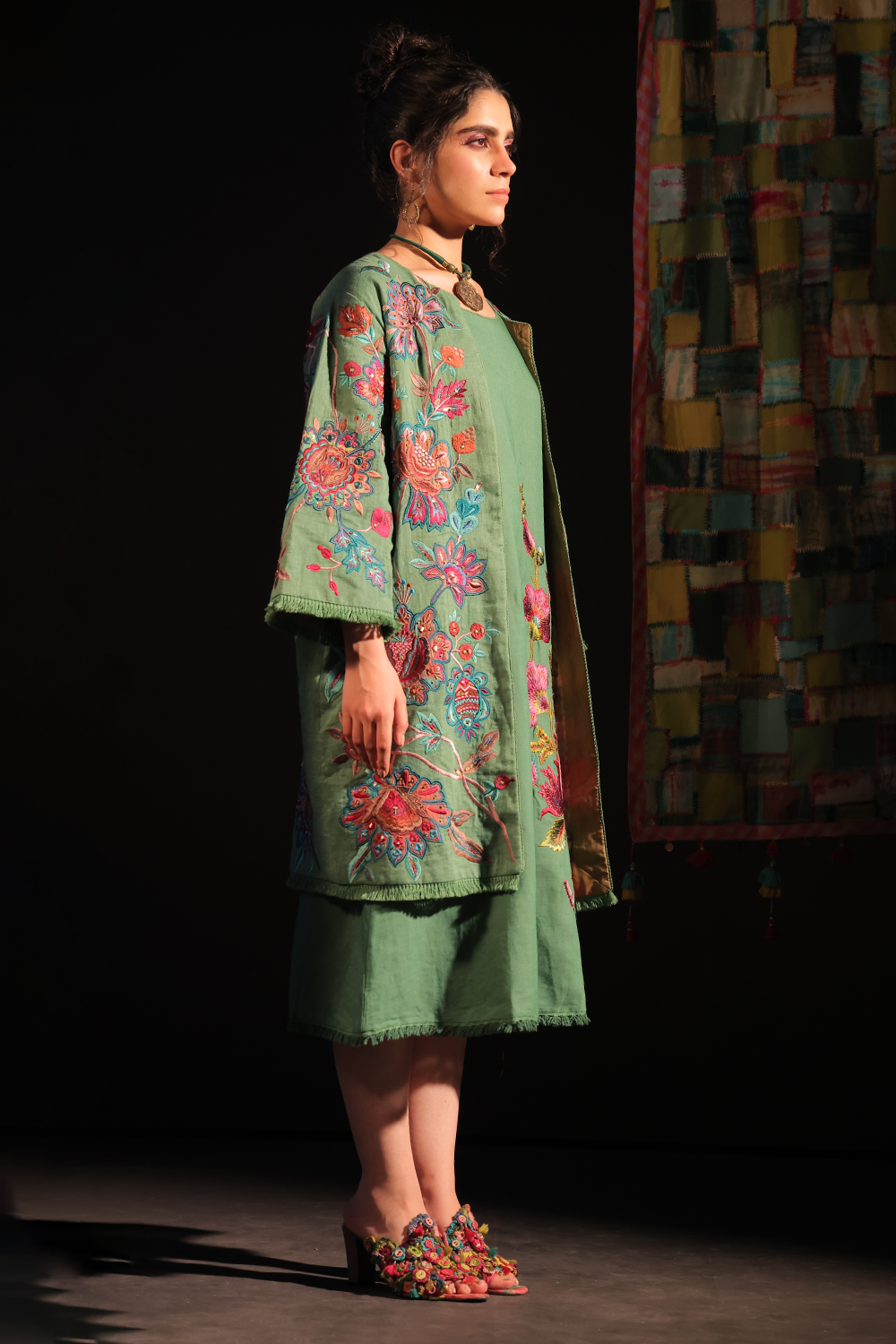 A-Line Sage Dress with Linen Coat