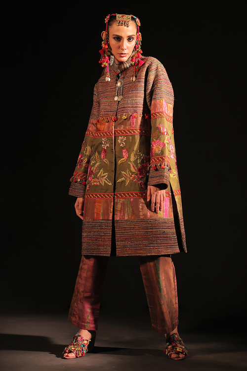 Ashraf Multicolor Embellished Band Collar Coat