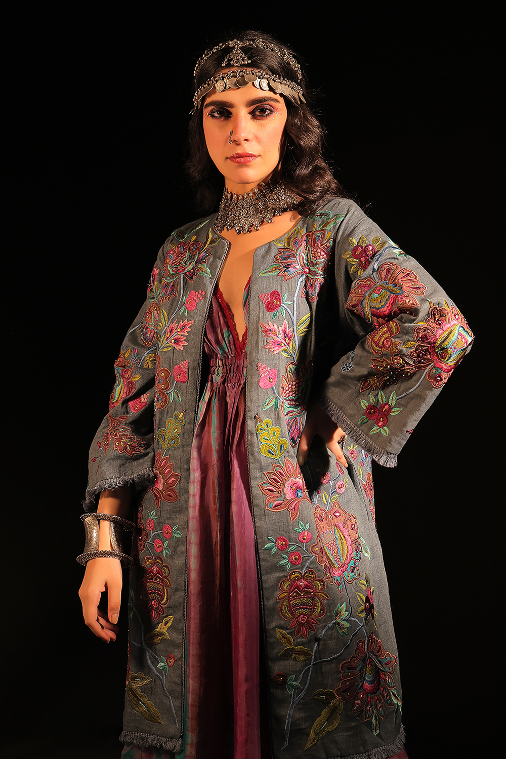 Duo Layered Dress with Embroidered Linen Coat