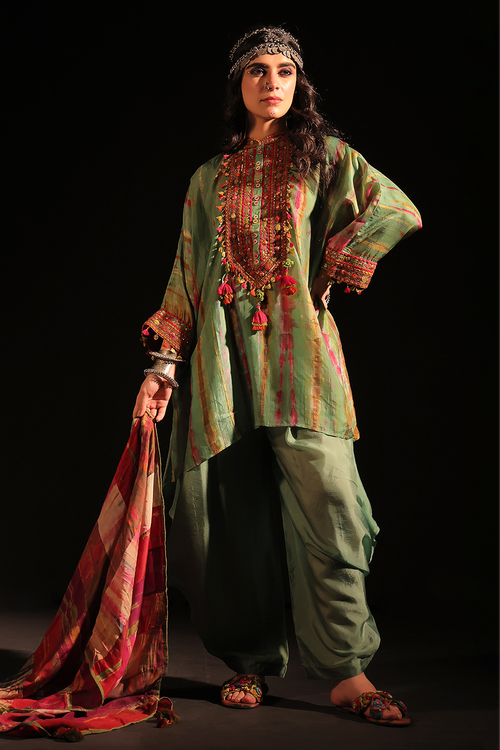 Shabnam Sage Embellished Kaftan Set