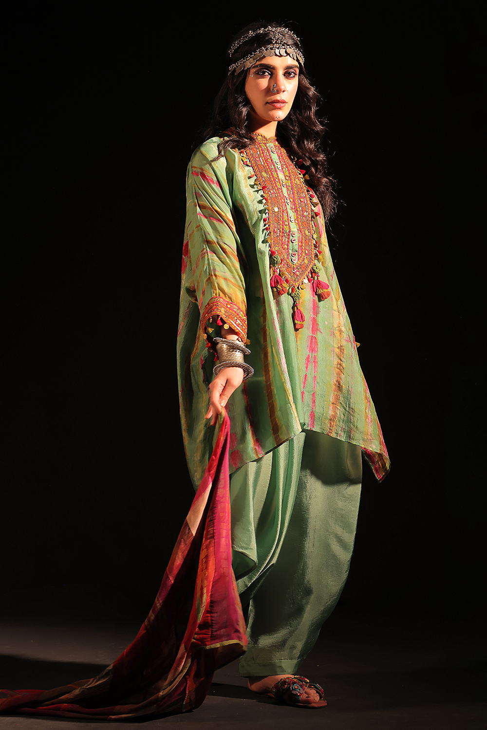 Shabnam Sage Embellished Kaftan Set