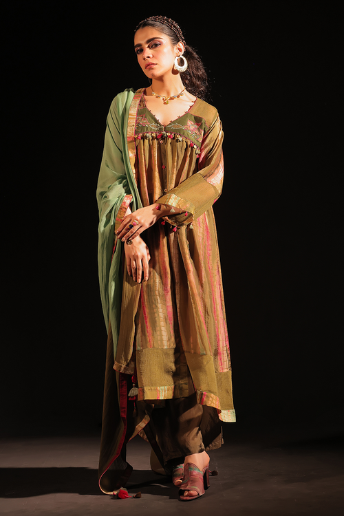 Faraa Olive Embroidered Yoke Detailed Kurta Set