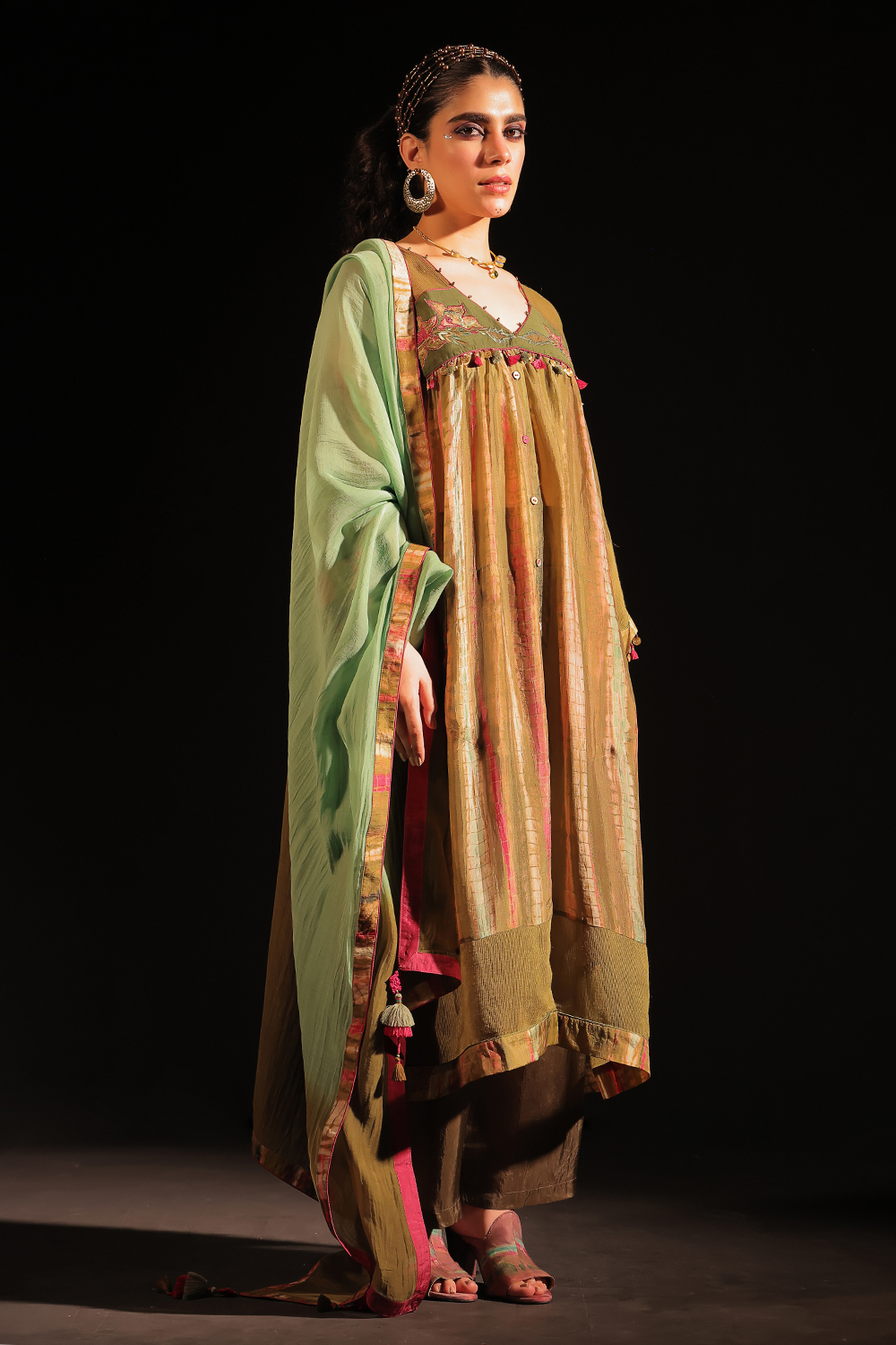 Faraa Olive Embroidered Yoke Detailed Kurta Set