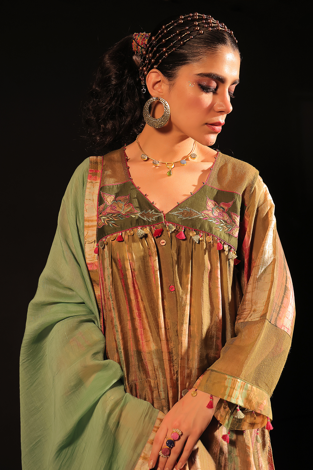 Faraa Olive Embroidered Yoke Detailed Kurta Set