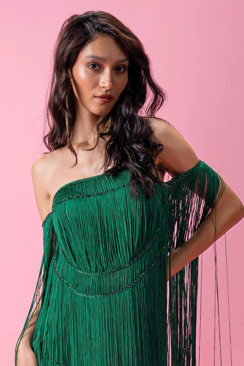 Off-Shoulder Crystal Handwork Fringe Dress
