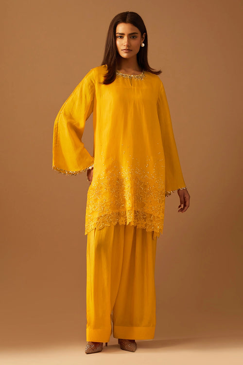 Saffron Floral Threadwork Silk Salwar Set