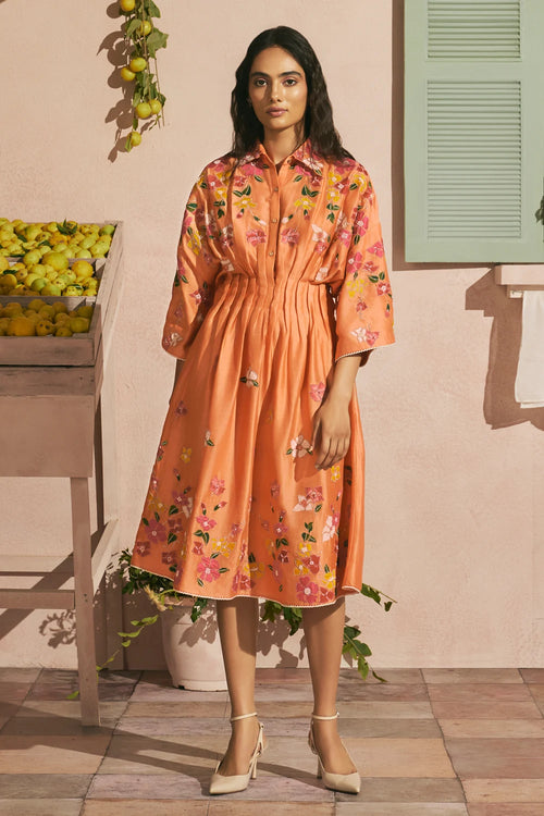 Orange Bougainvillea Pleated Dress