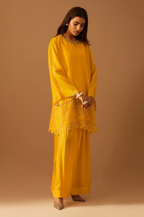 Saffron Floral Threadwork Silk Salwar Set