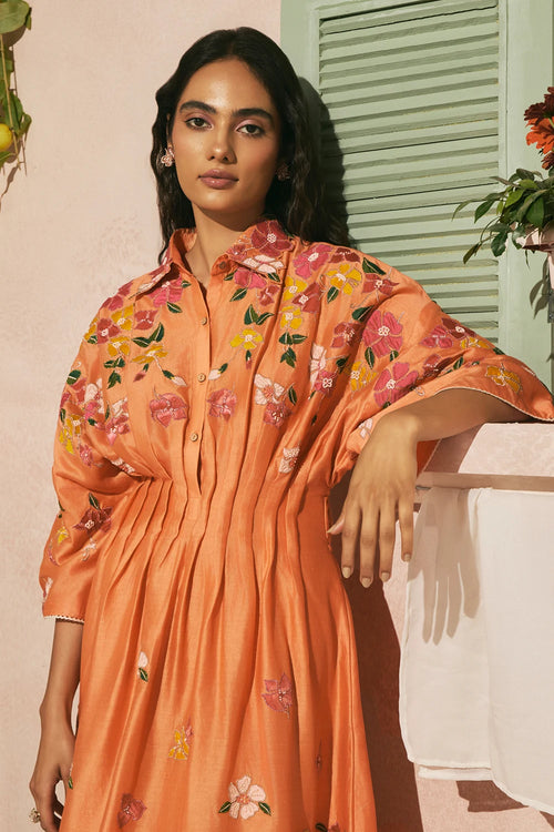Orange Bougainvillea Pleated Dress