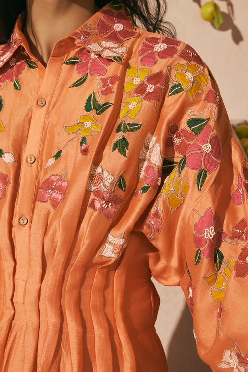 Orange Bougainvillea Pleated Dress