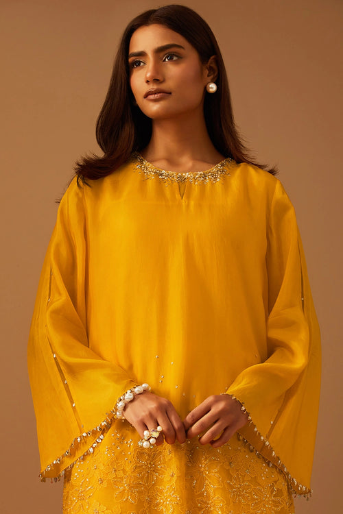 Saffron Floral Threadwork Silk Salwar Set