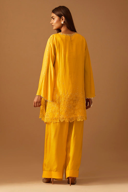 Saffron Floral Threadwork Silk Salwar Set