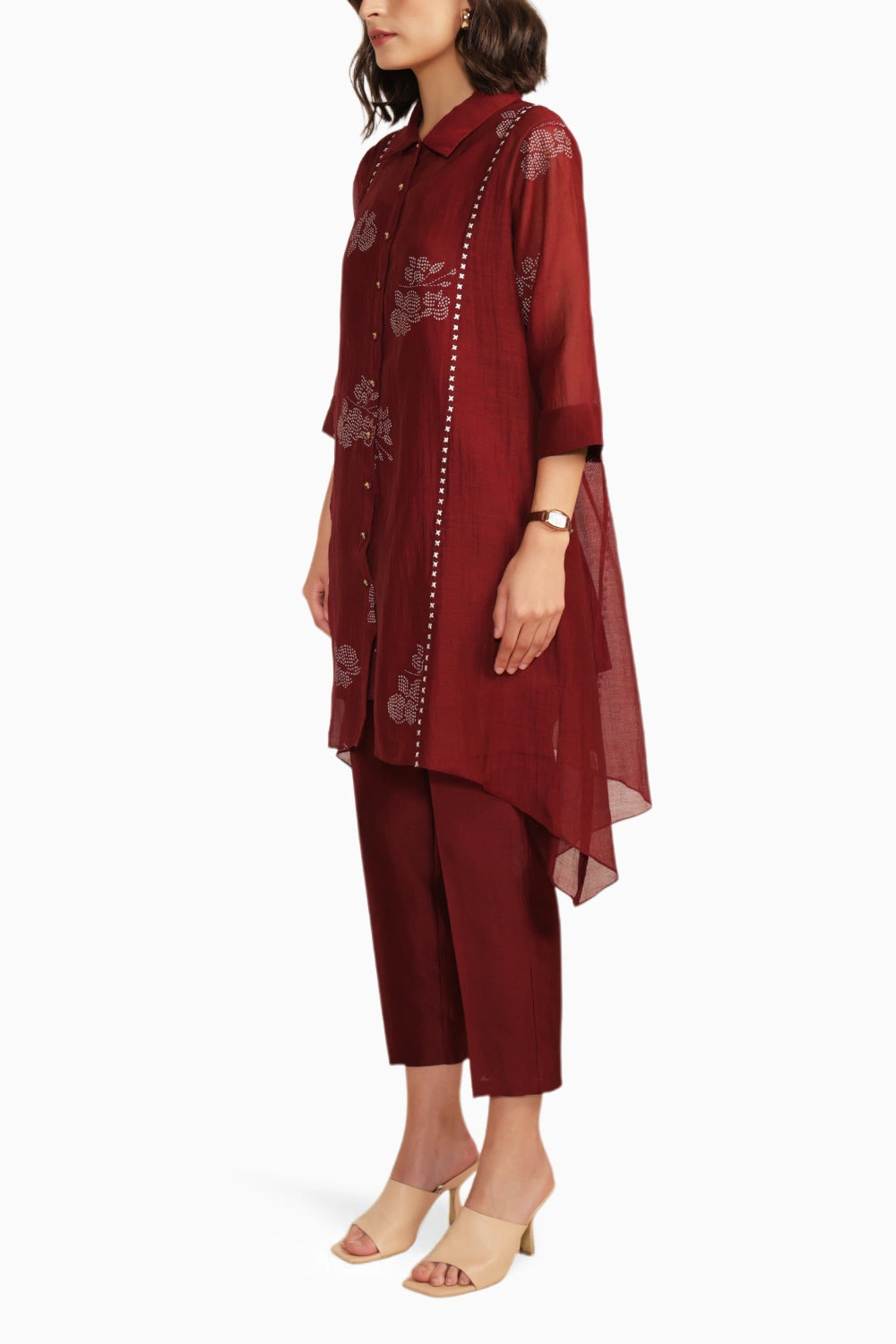 Burgundy Chanderi Embroidered Shirt with Pant