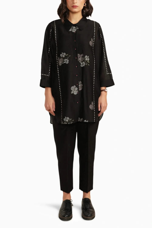 Black Silk Chanderi Embroidered Shirt with Straight Pant