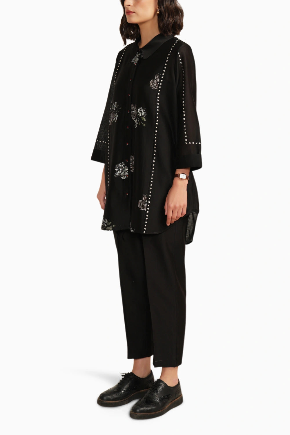 Black Silk Chanderi Embroidered Shirt with Straight Pant