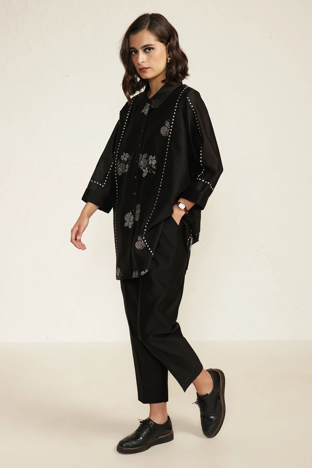 Black Silk Chanderi Embroidered Shirt with Straight Pant