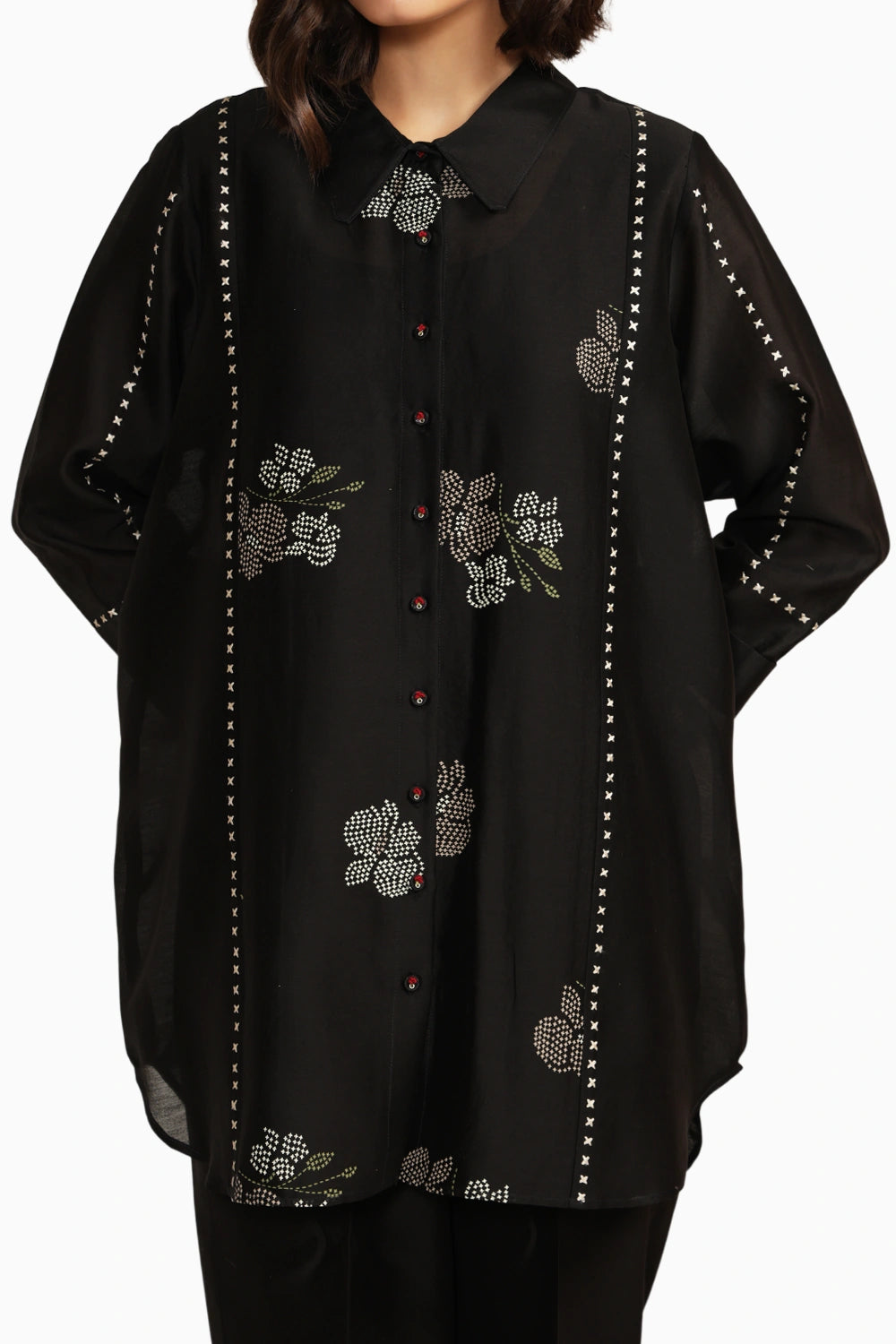 Black Silk Chanderi Embroidered Shirt with Straight Pant