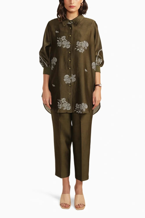Olive Silk Chanderi Embroidered Shirt with Straight Pant