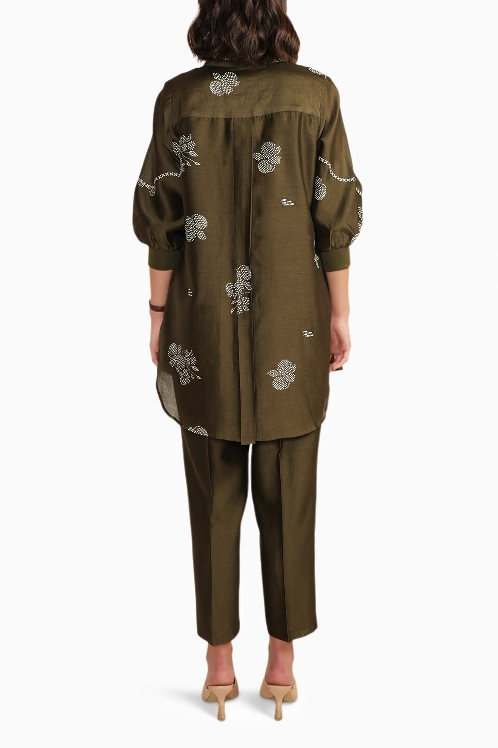 Olive Silk Chanderi Embroidered Shirt with Straight Pant