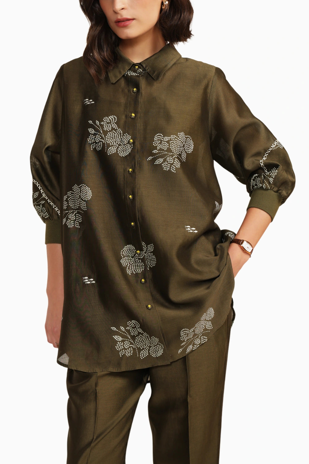 Olive Silk Chanderi Embroidered Shirt with Straight Pant