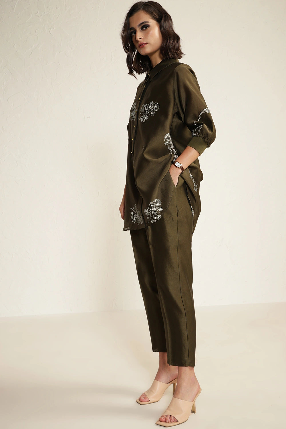 Olive Silk Chanderi Embroidered Shirt with Straight Pant