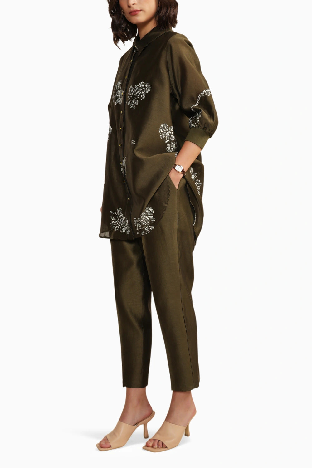 Olive Silk Chanderi Embroidered Shirt with Straight Pant